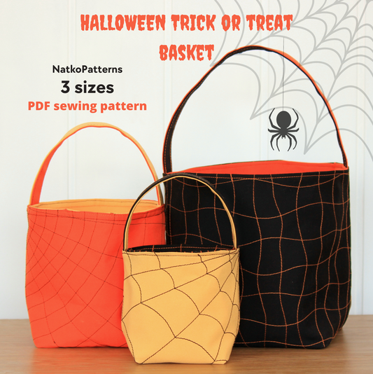 Three Halloween-themed trick or treat baskets in orange, yellow, and black with spider design - easy sewing pattern by NatkoPatterns