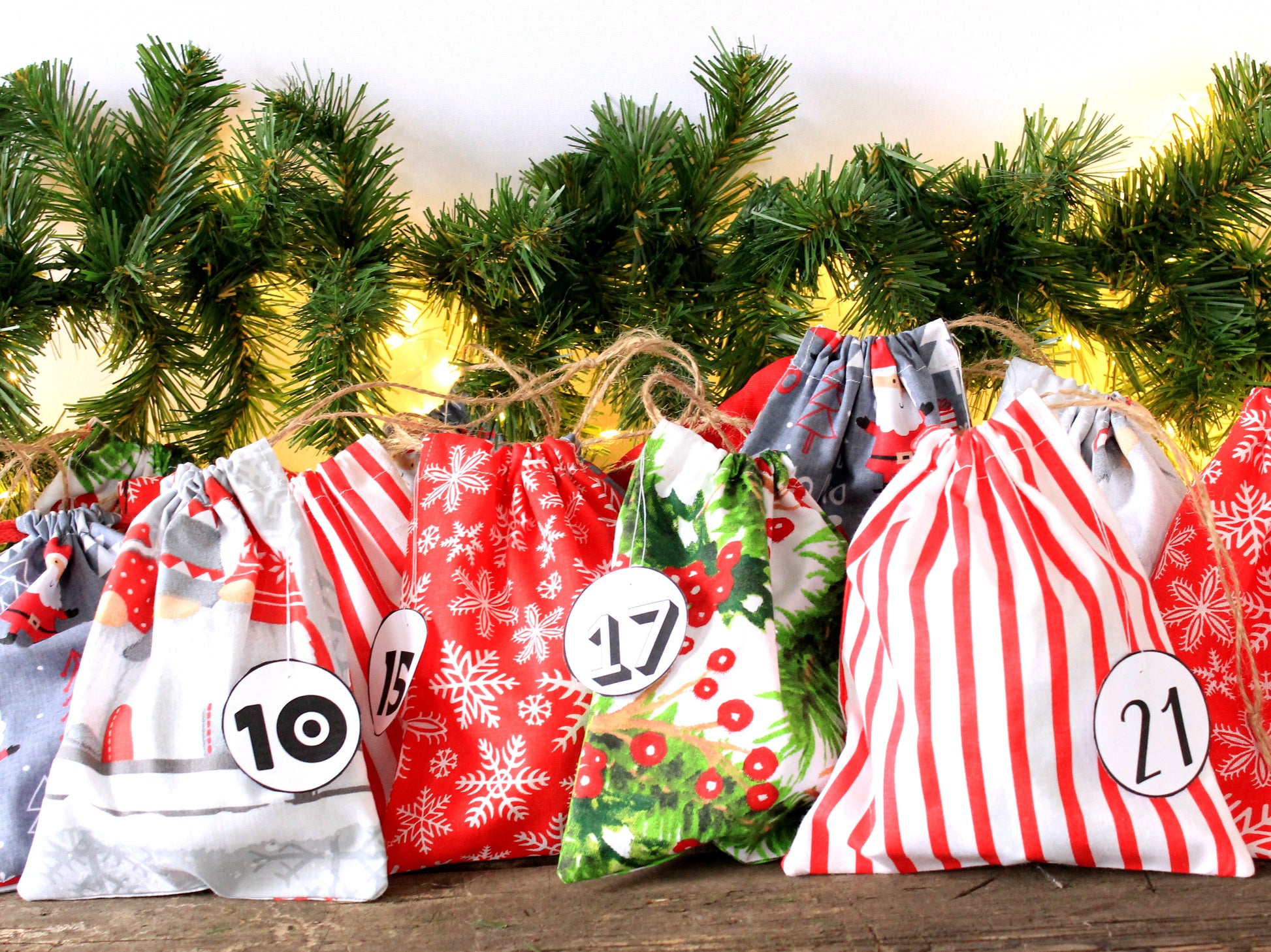 Close-up drawstring bag with festive number tag – detailed