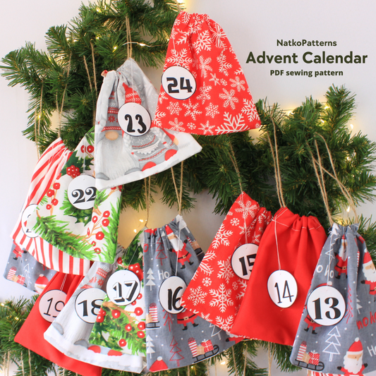 Christmas advent calendar sewing pattern PDF – 24 mini drawstring bags by NatkoPatterns