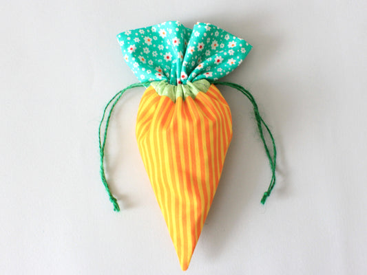 Carrot-shaped fabric bag made with sewing pattern with template by NatkoPatterns