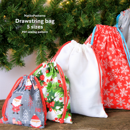 Reusable Christmas gift bag – PDF sewing pattern for festive drawstring pouch by NatkoPatterns