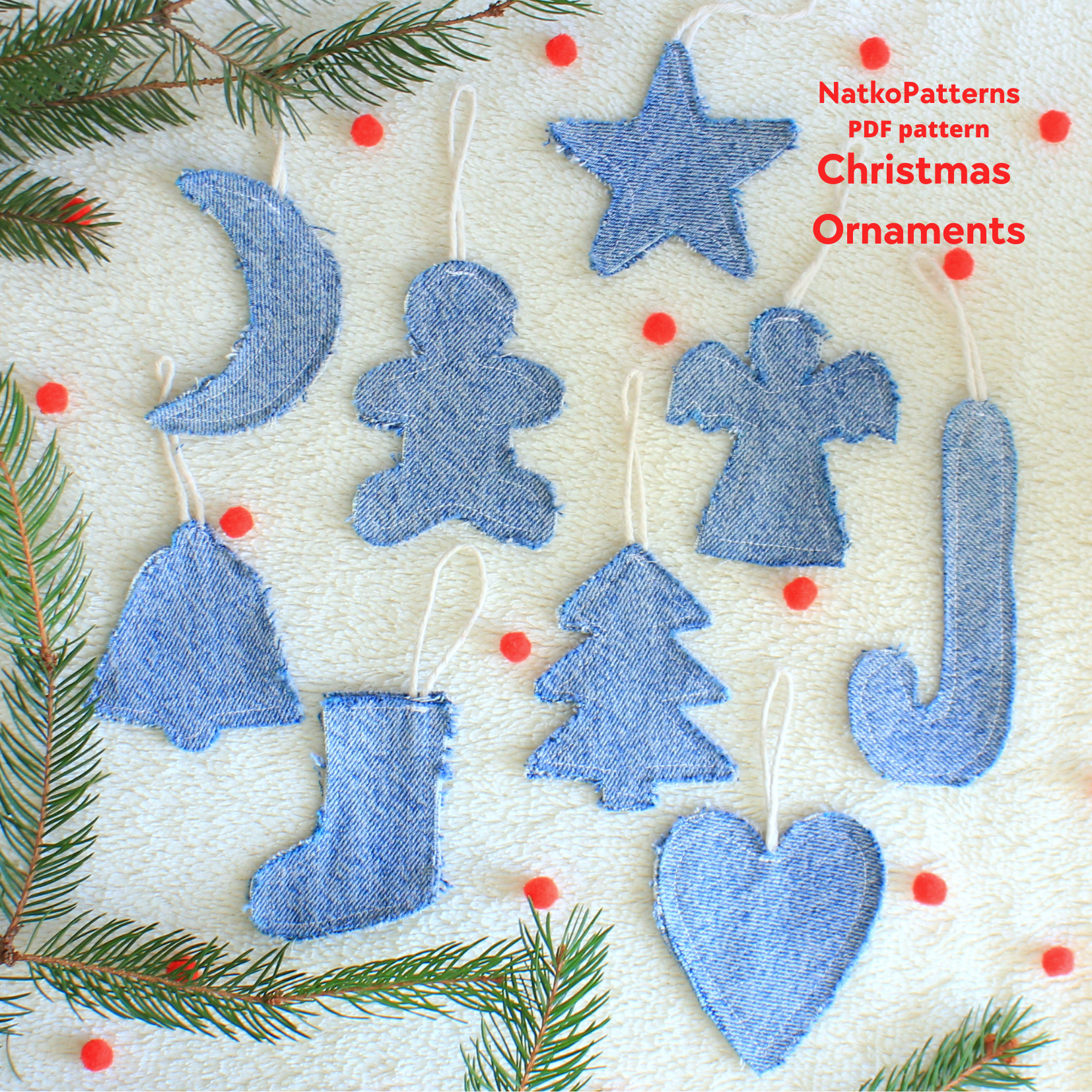 Set of blue denim Christmas ornaments - easy pattern with kids from NatkoPatterns