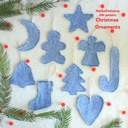 Set of blue denim Christmas ornaments - easy pattern with kids from NatkoPatterns