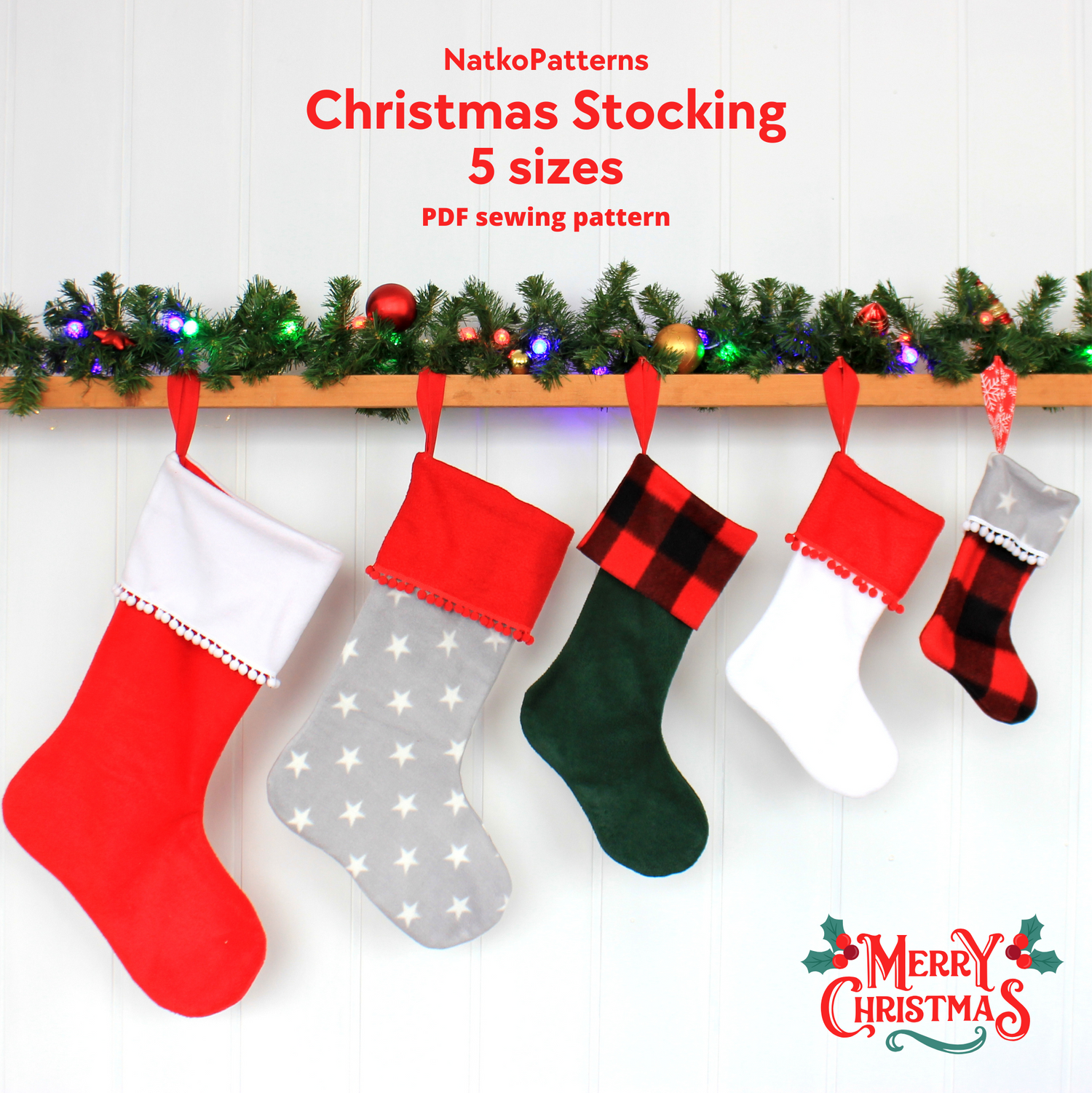 Set of Christmas stockings in various colors with decorative lights and garland - Sewing pattern PDF by NatkoPatterns