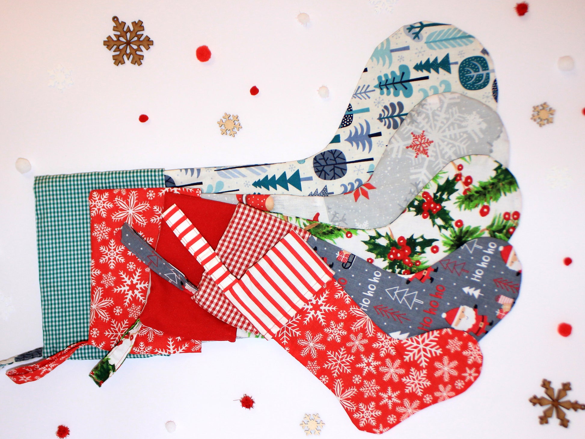 Collection of Christmas-themed fabric swatches - sewing pattern pdf