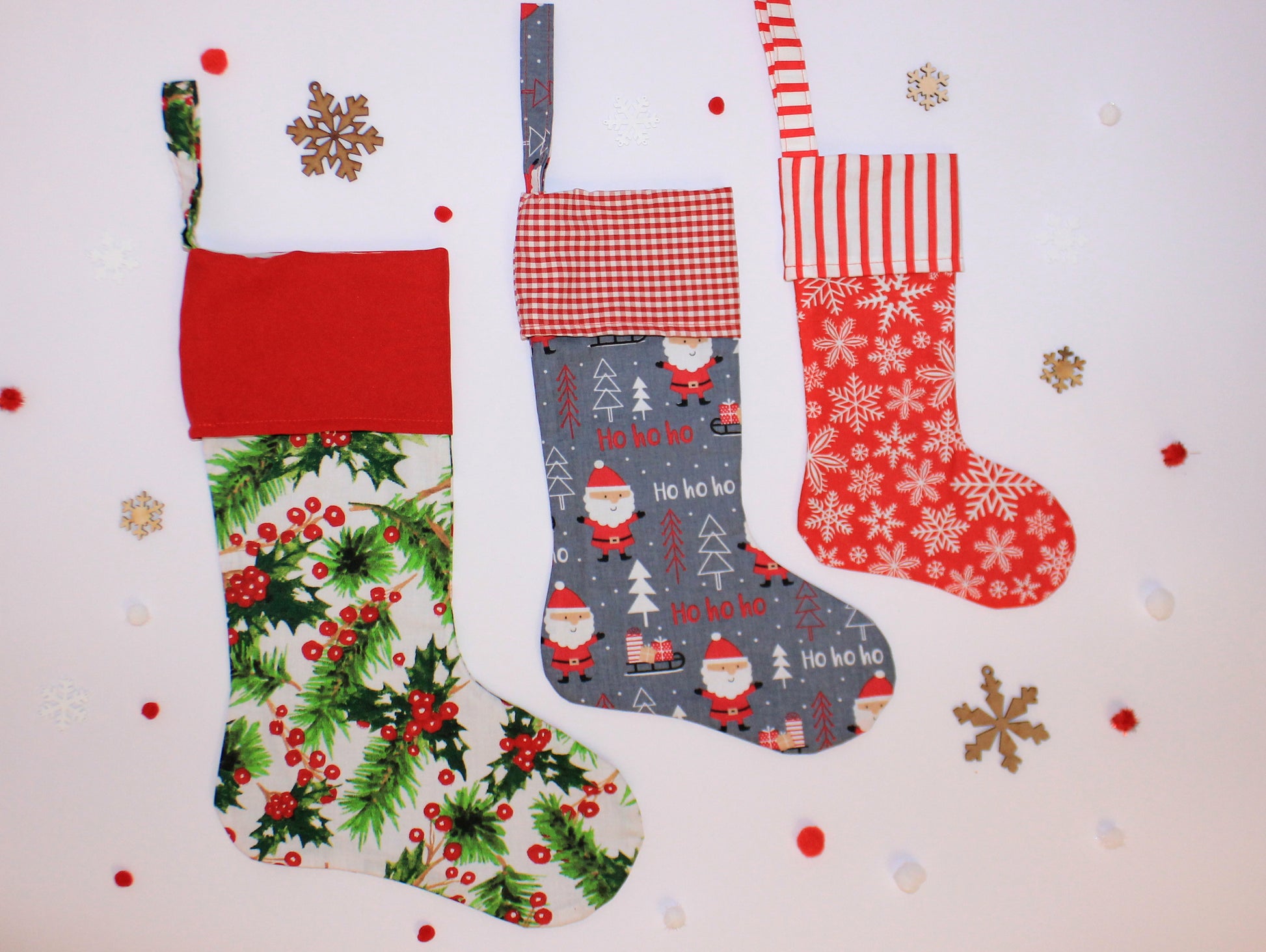 Three Christmas stockings with different patterns - easy sewing tutorial with templates by NatkoPatterns