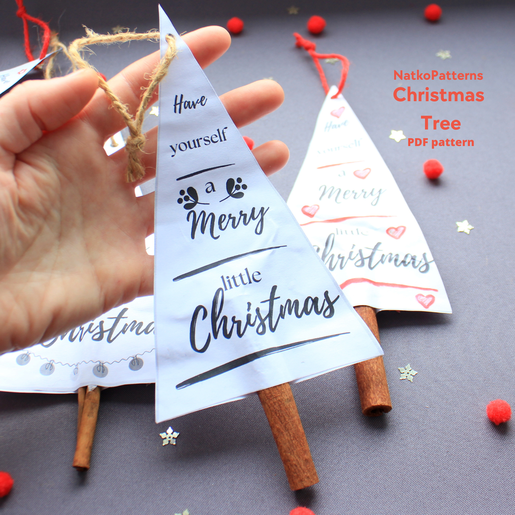 Christmas tree with cinnamon sticks, featuring festive text - easy holiday craft by NatkoPatterns