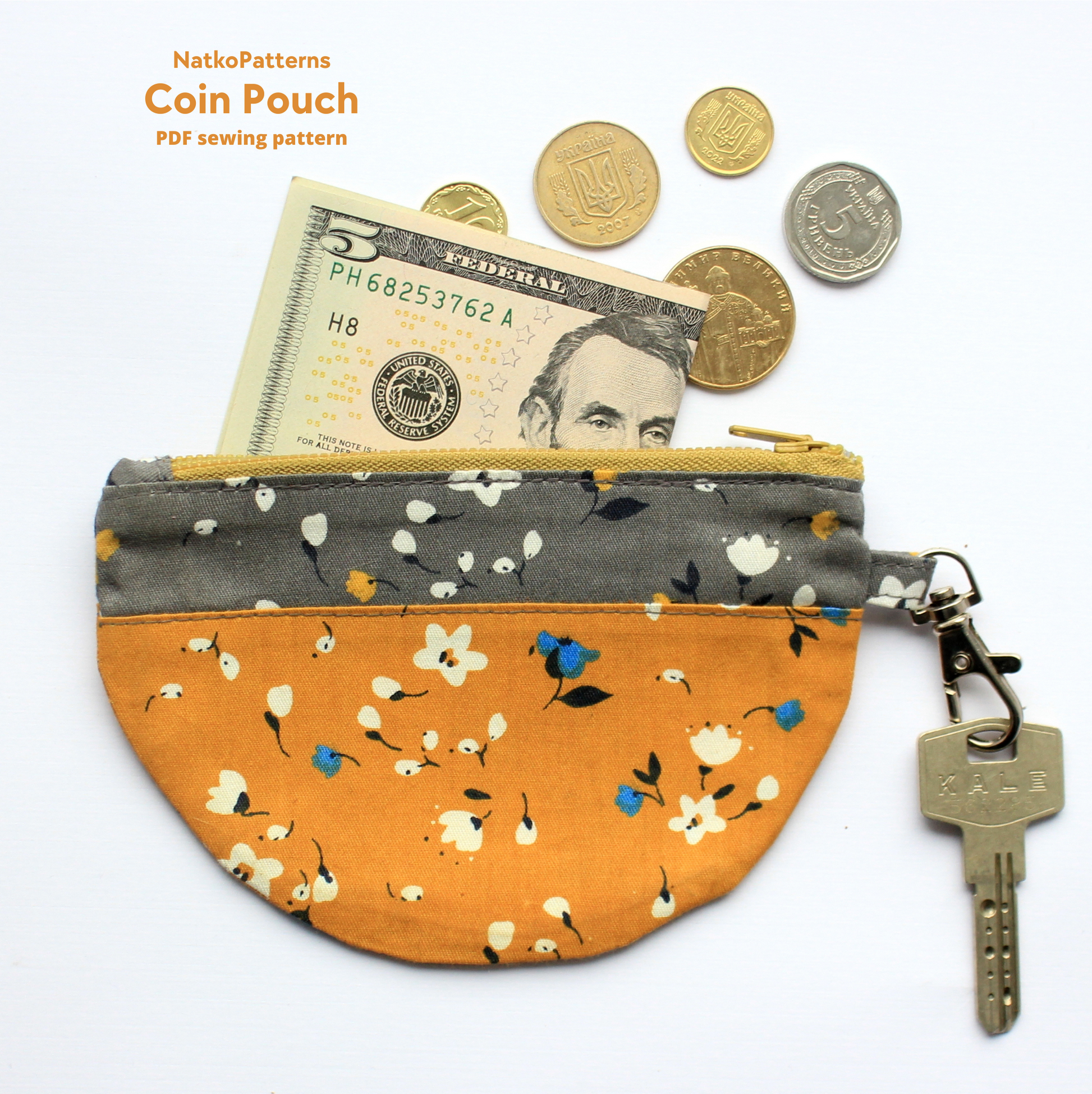 Circle coin pouch with zipper, small round bag sewing pattern PDF by NatkoPatterns