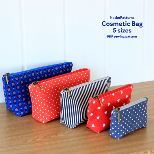 Five cosmetic bags in various sewing patterns by NatkoPatterns