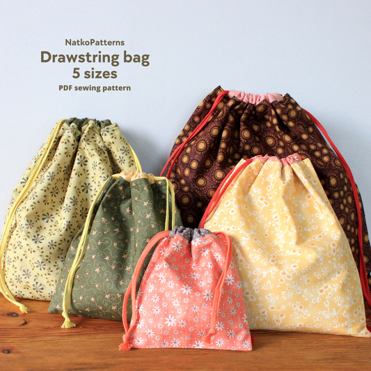 Drawstring bag sewing pattern PDF – reusable fabric pouch, beginner friendly by NatkoPatterns