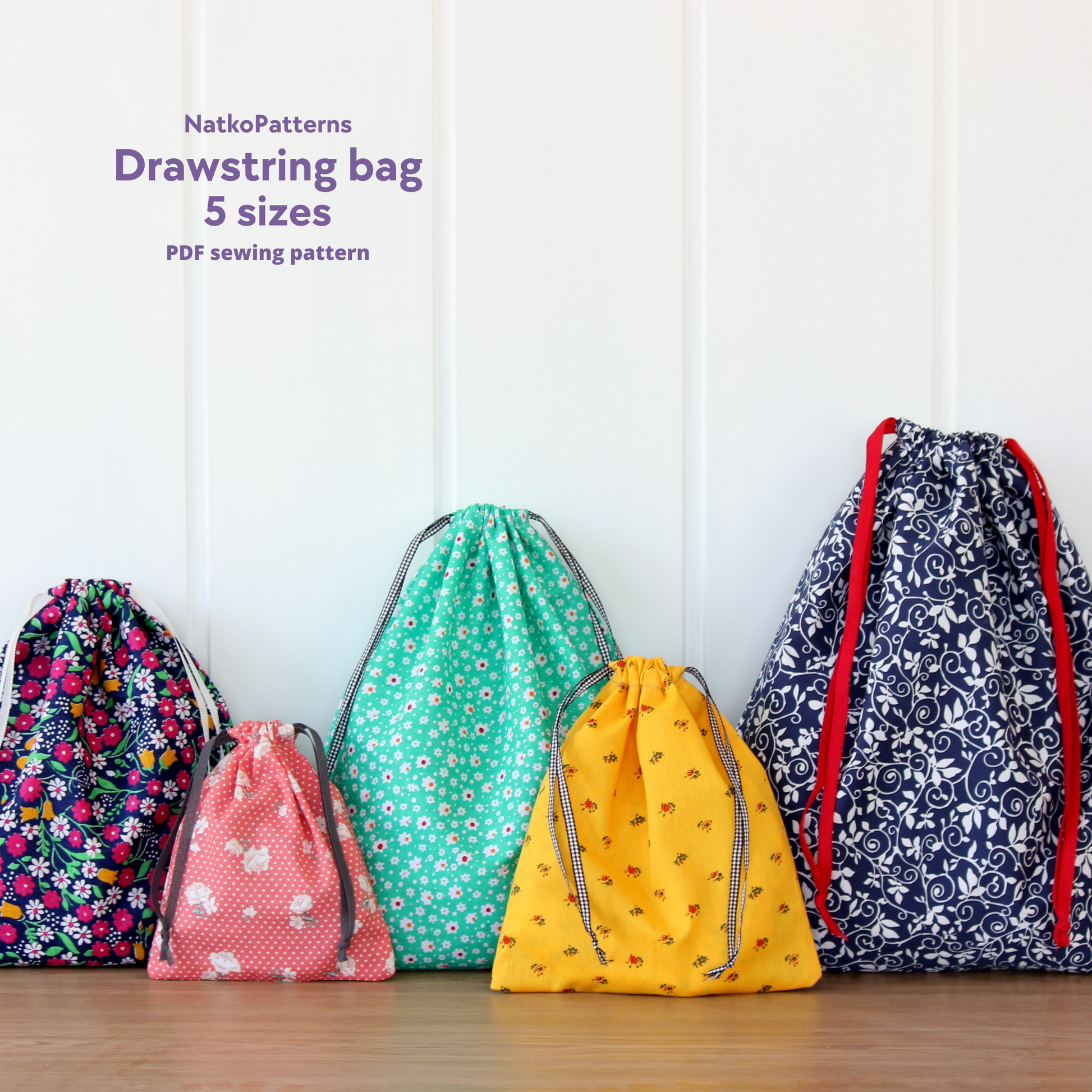 Drawstring bag sewing pattern PDF – reusable fabric pouch, beginner friendly by NatkoPatterns