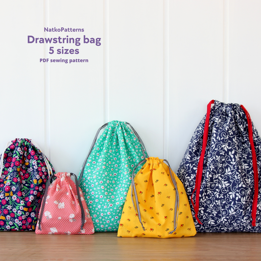 Drawstring bag sewing pattern PDF – reusable fabric pouch, beginner friendly by NatkoPatterns