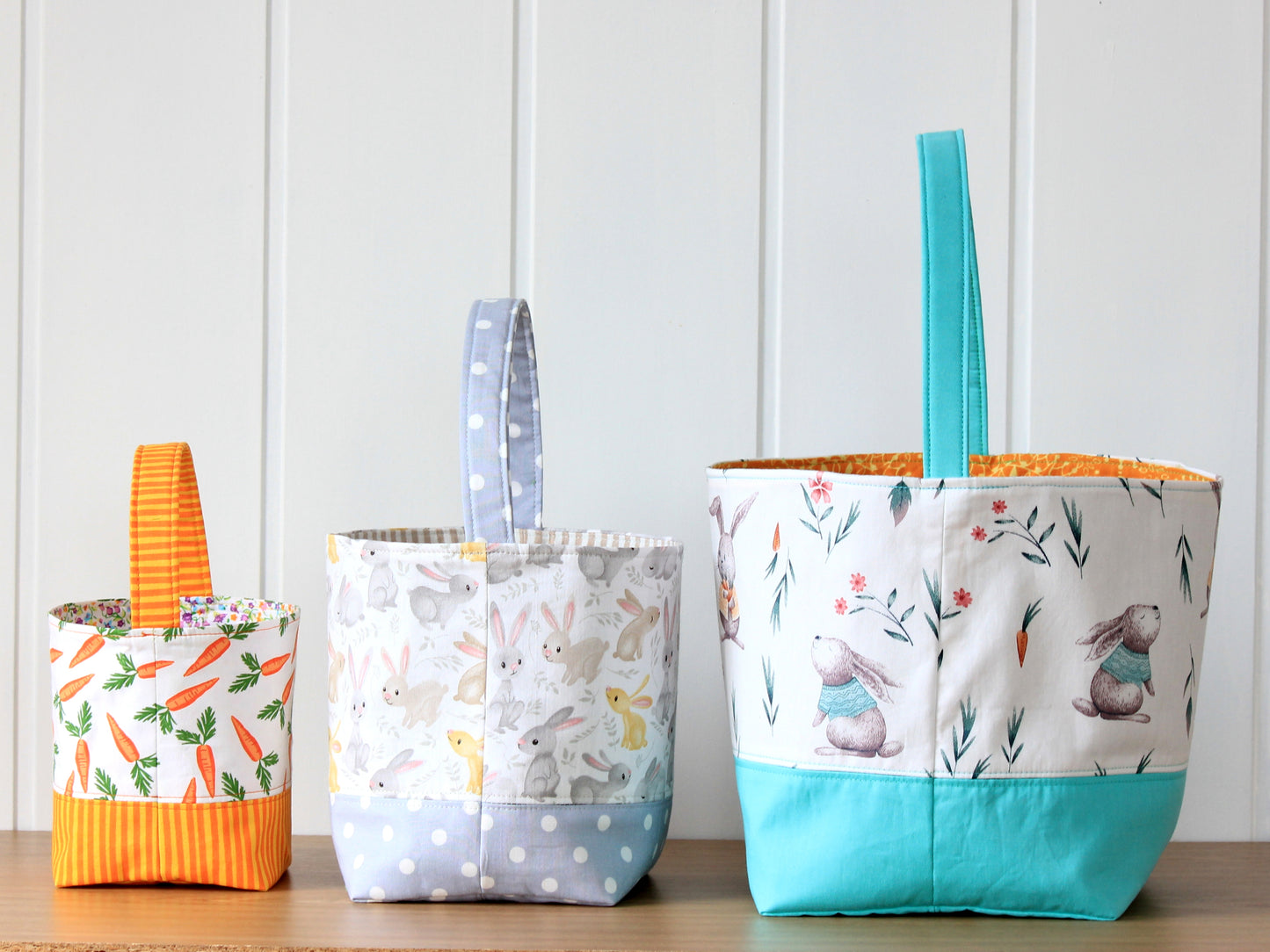 Side view of Easter basket in 3 sizes, easy sewing pattern by NatkoPatterns