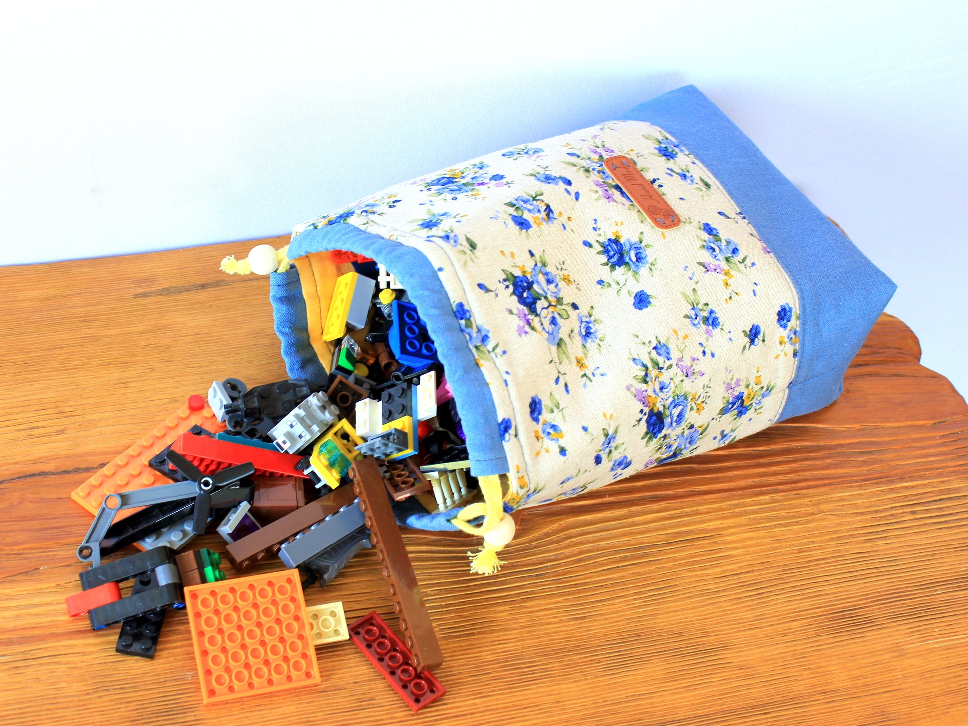 Drawstring bag for storage, handmade using easy sewing pattern by NatkoPatterns