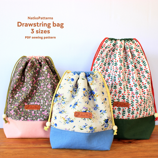 Lined drawstring bag in various fabrics, beginner-friendly sewing pattern by NatkoPatterns