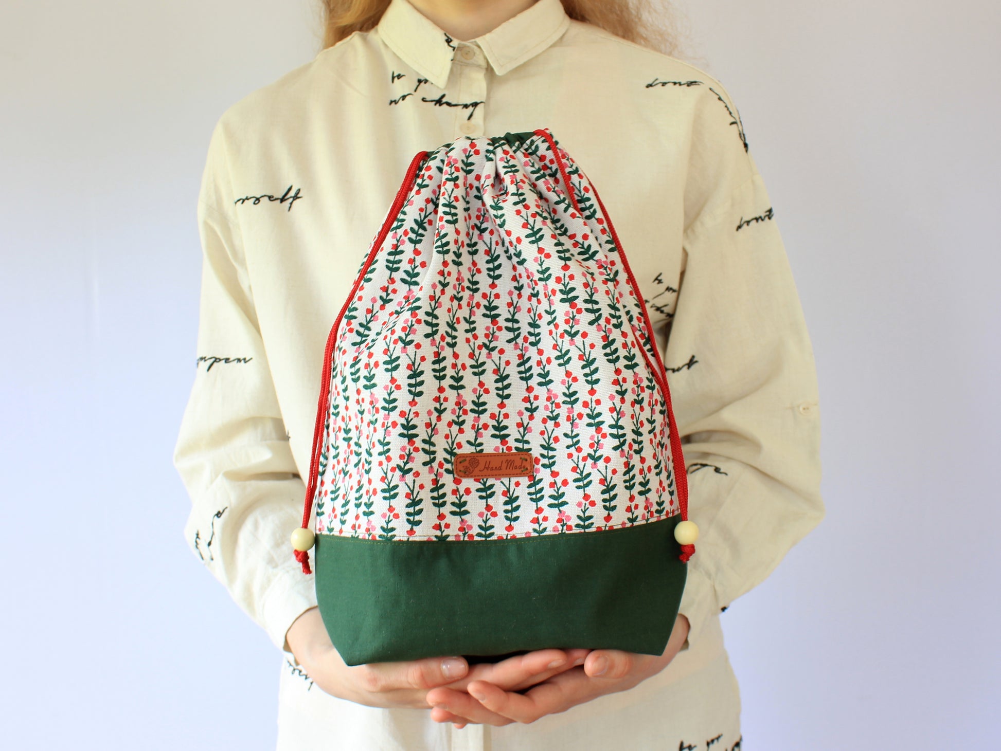 Large drawstring bag – one of three sizes included in the sewing pattern by NatkoPatterns