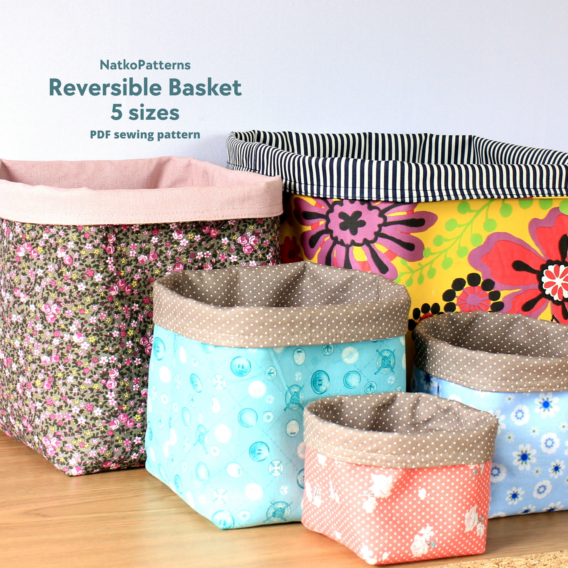 Reversible fabric basket sewing pattern PDF by NatkoPatterns - beginner friendly