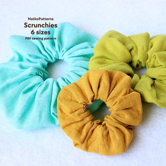 Three colorful scrunchies  with text about a PDF sewing pattern by NatkoPatterns