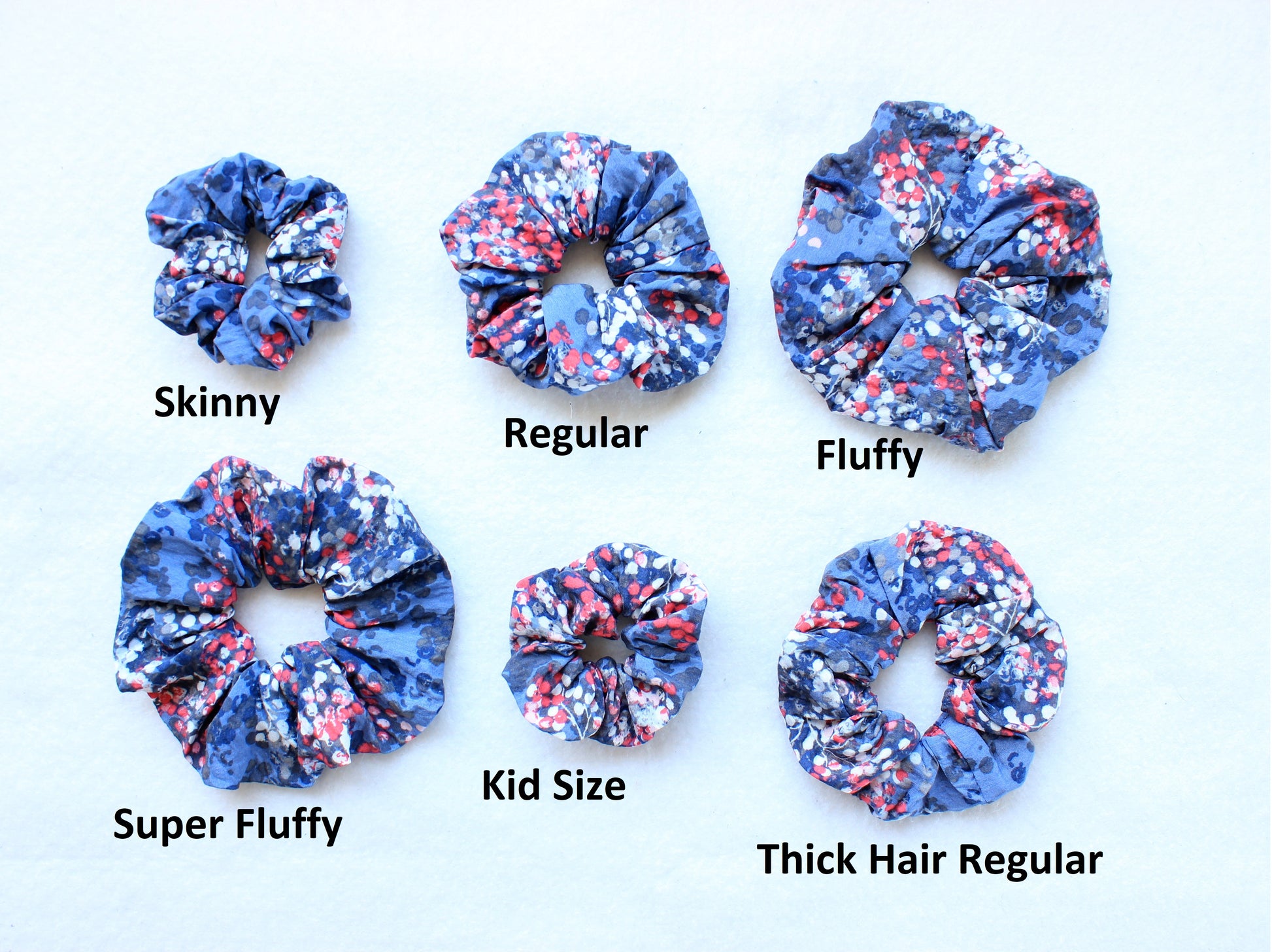 Set of six floral scrunchies labeled with size categories pattern pdf by NatkoPatters