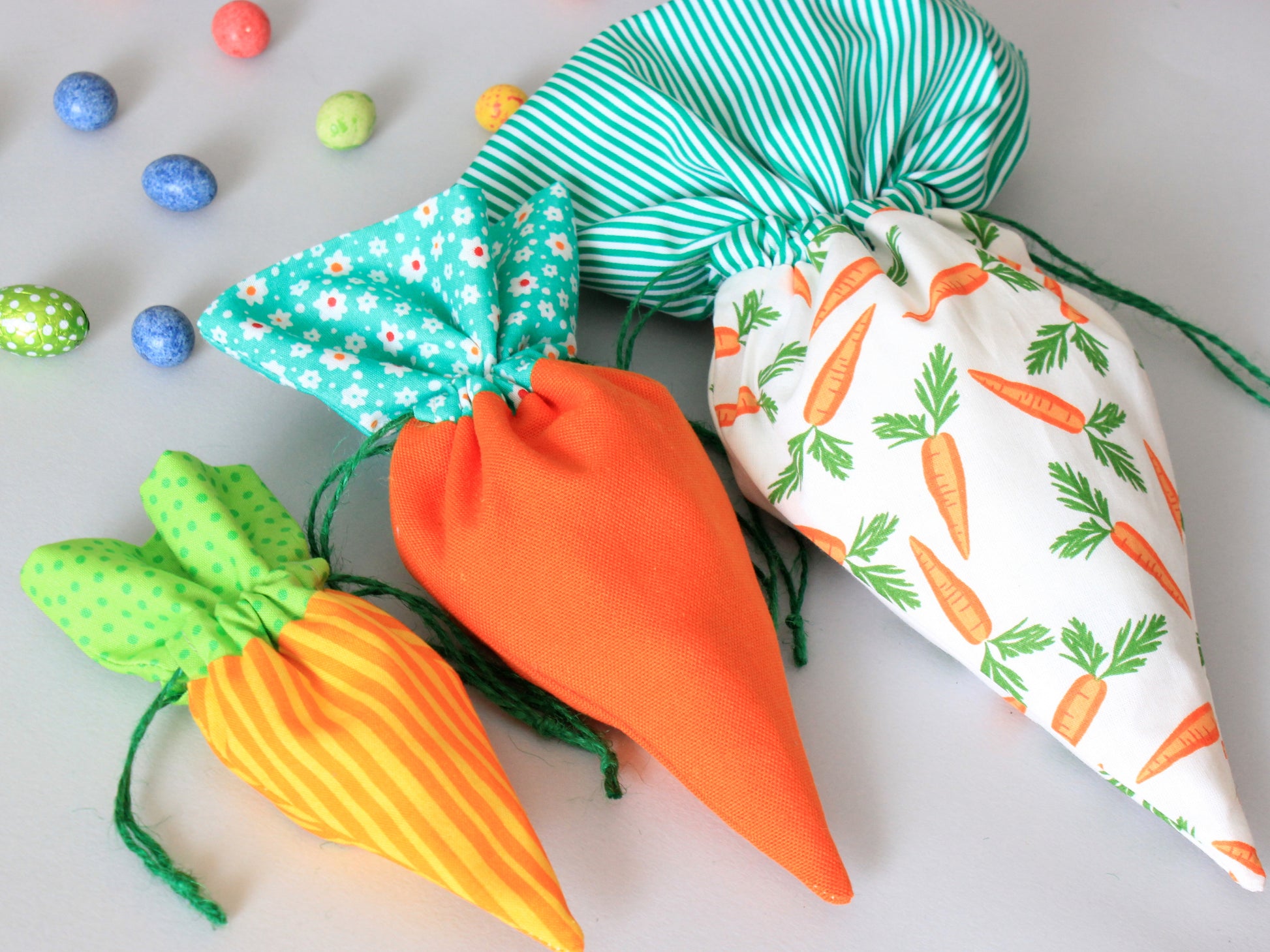 Carrot bag filled with Easter eggs – spring holiday decor - pattern fron NatkoPatterns