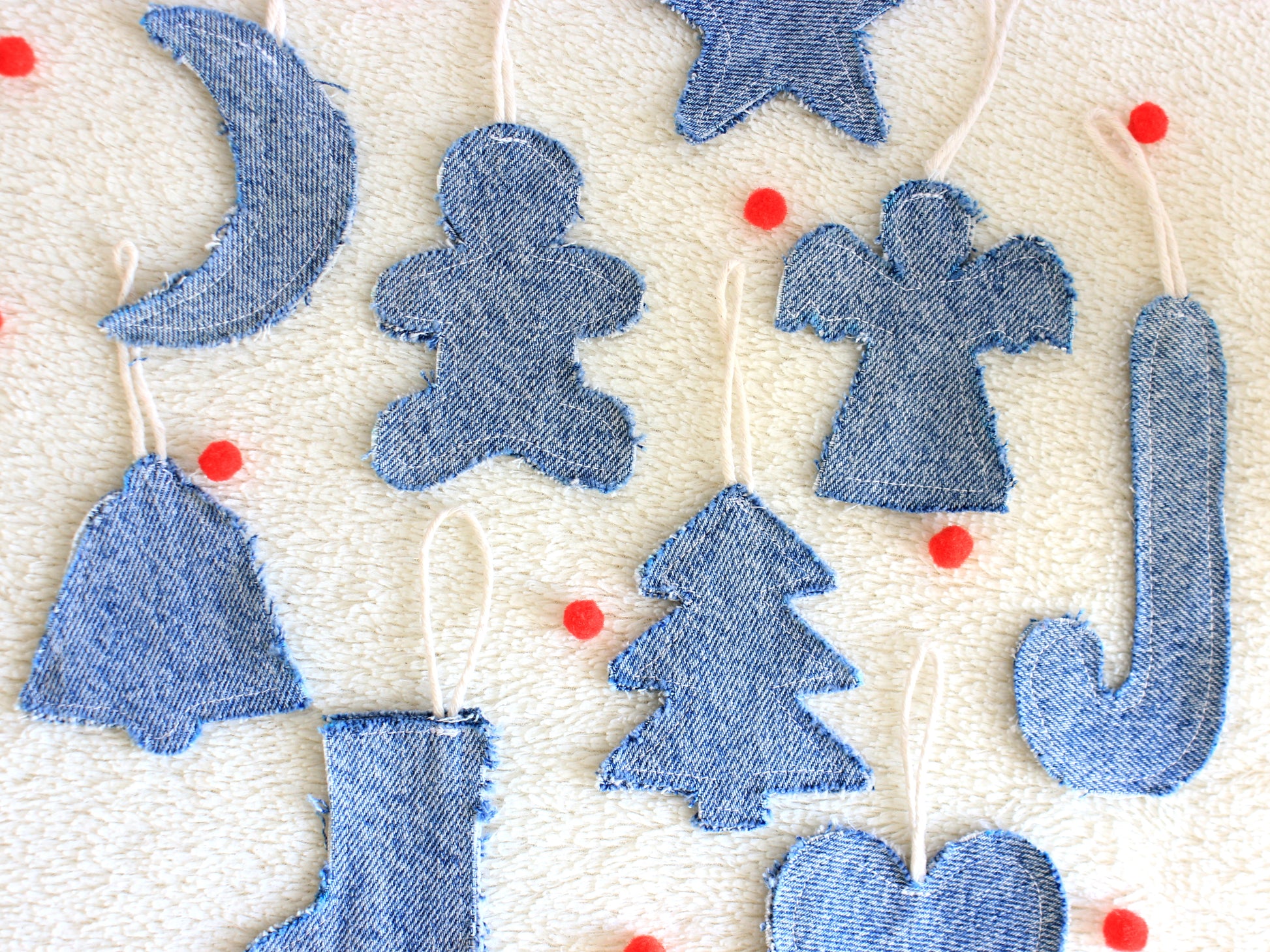 Denim Christmas ornaments including a tree, star and boot - sewing templates by NatkoPatterns
