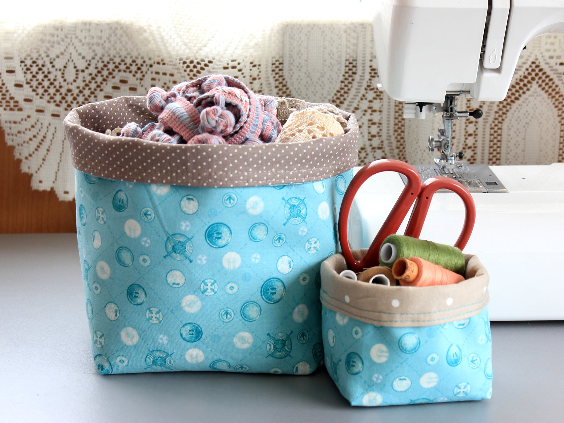 Reversible fabric basket sewing pattern PDF by NatkoPatterns - beginner friendly - storage for sewing room