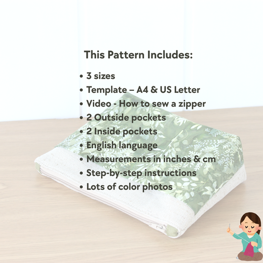 Three size zipper pouch sewing pattern PDF for cosmetic and travel organizer bags