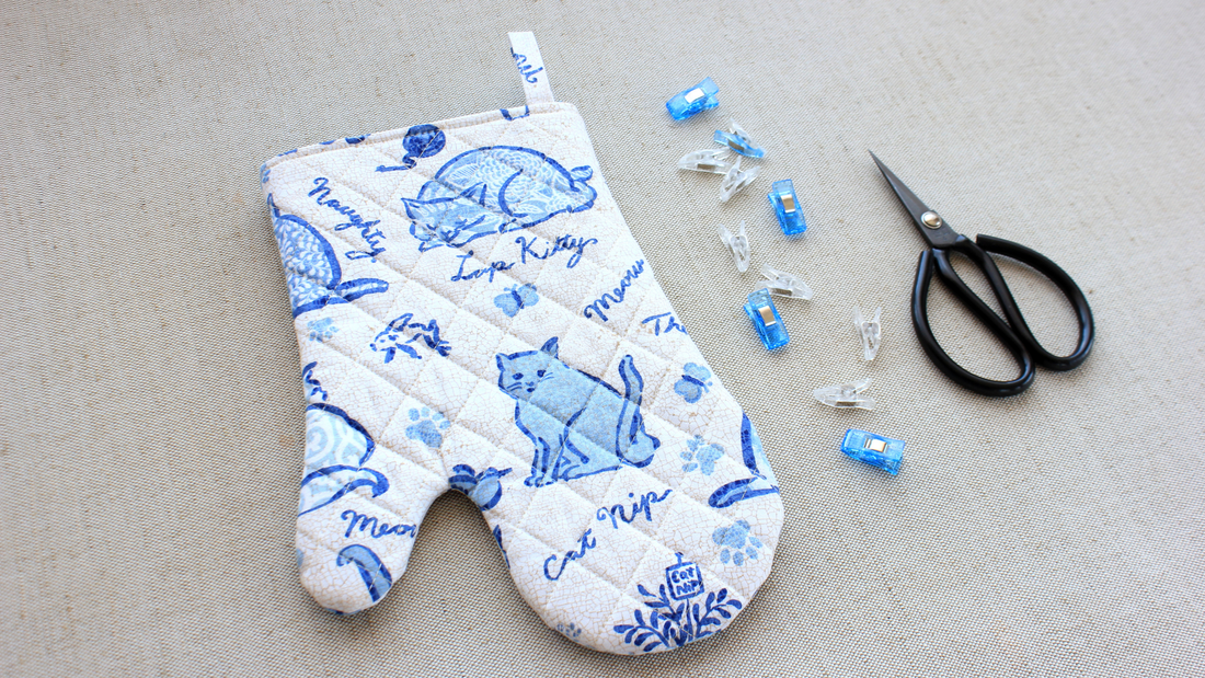 Handmade quilted oven mitt sewing pattern PDF shown with cozy kitchen gift idea and video tutorial preview