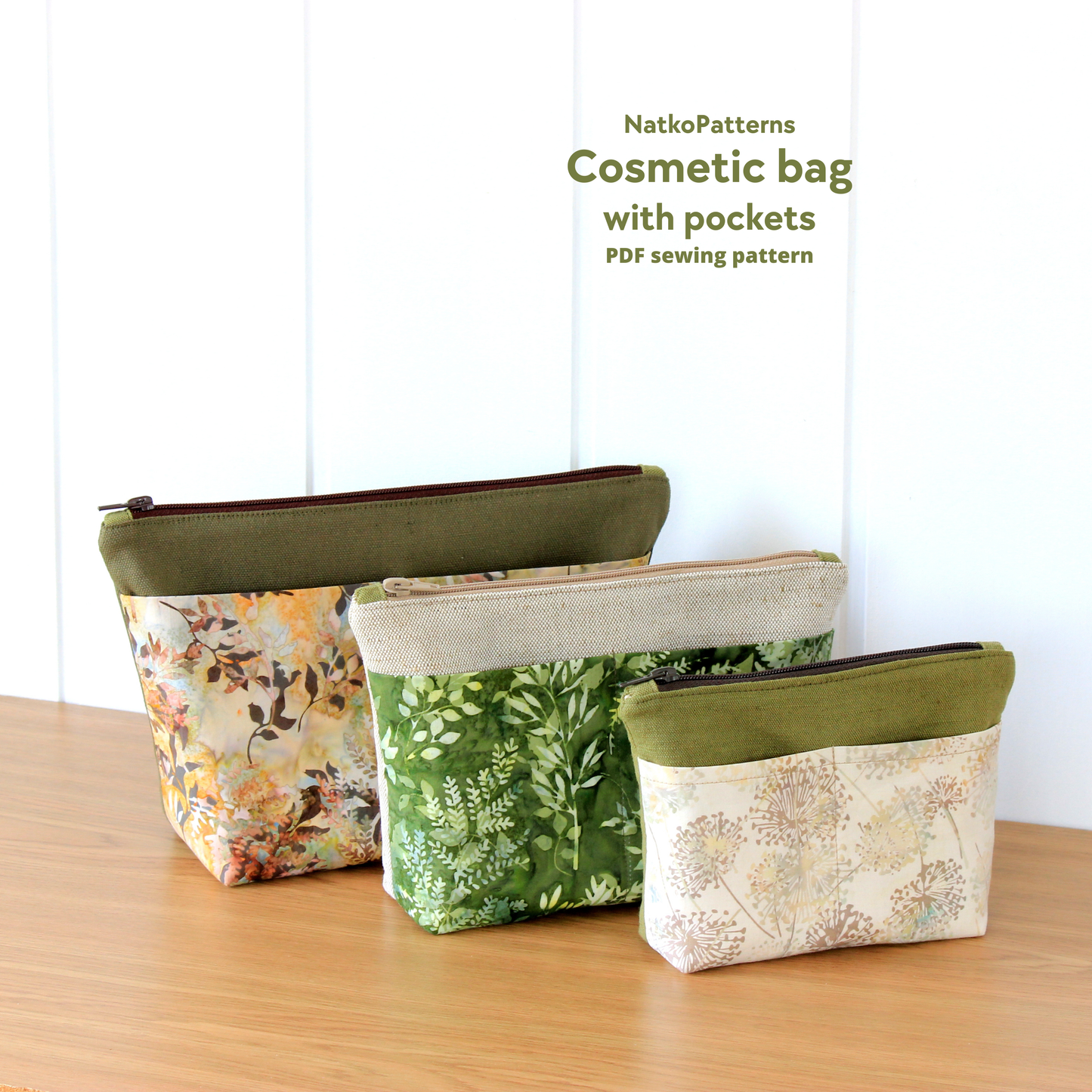Cosmetic bag with pockets sewing pattern PDF in 3 sizes with zipper pouch organizer bags