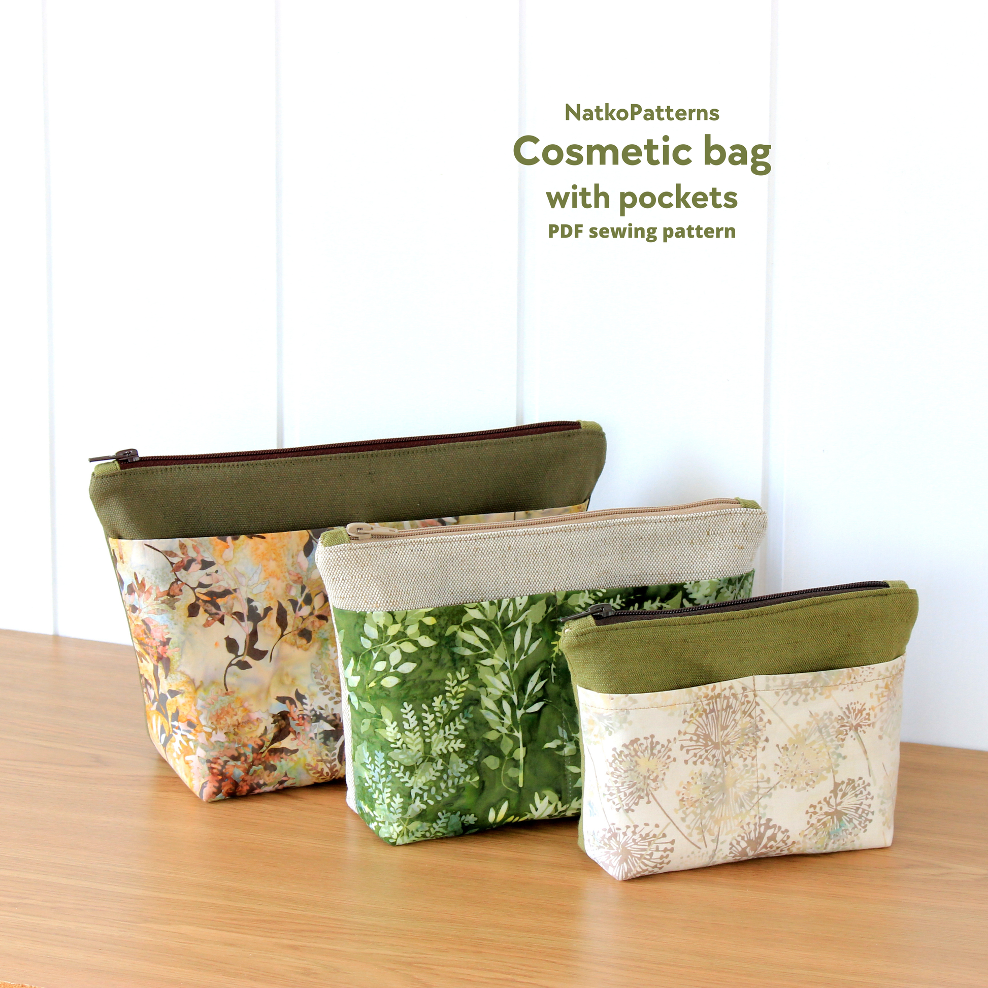 Cosmetic bag with pockets sewing pattern PDF in 3 sizes with zipper pouch organizer bags