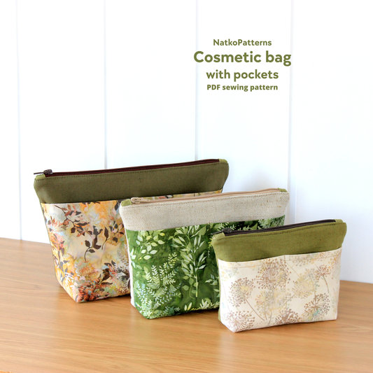 Cosmetic bag with pockets sewing pattern PDF in 3 sizes with zipper pouch organizer bags