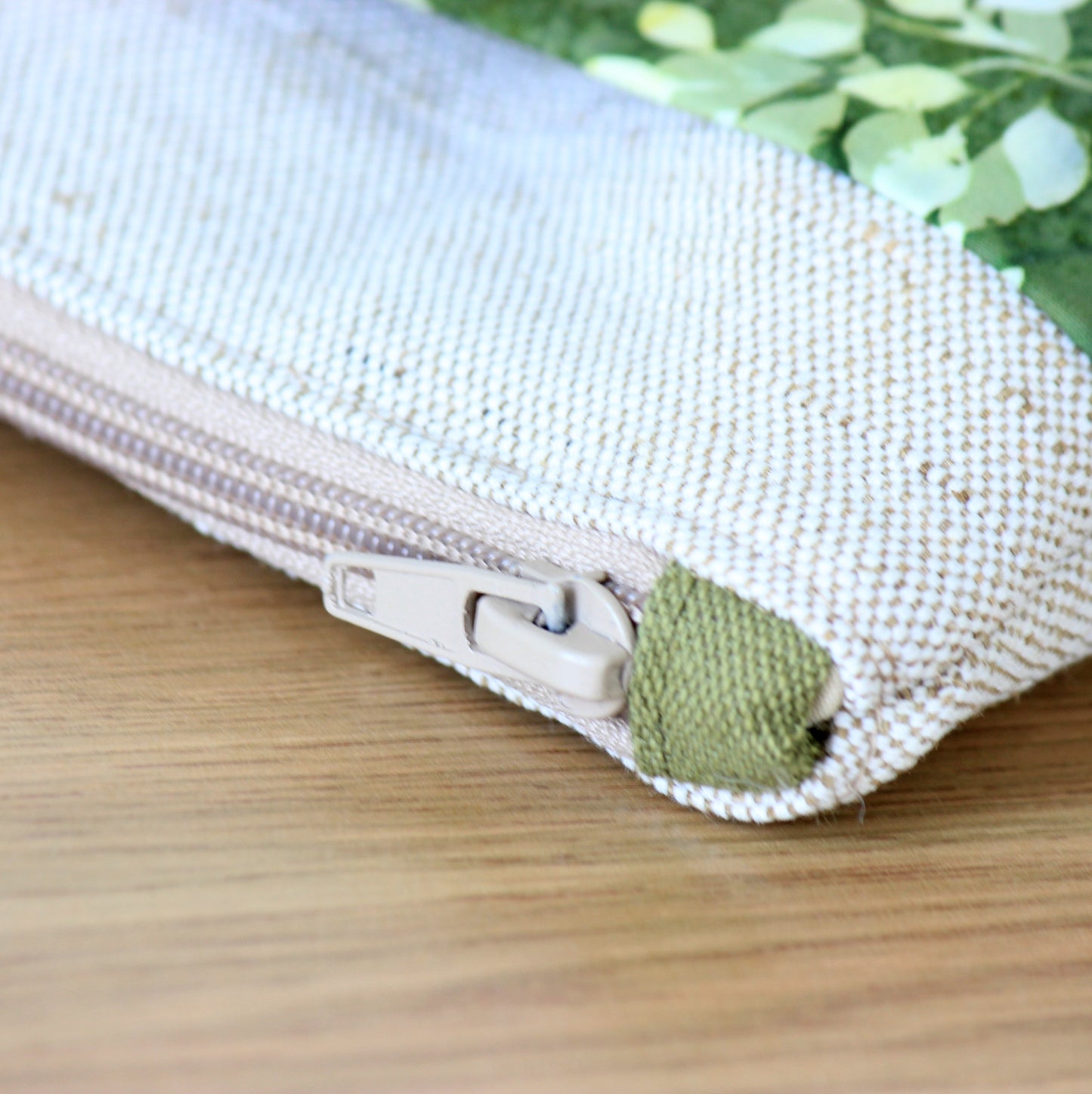 Close-up of a fabric pouch with a zipper 