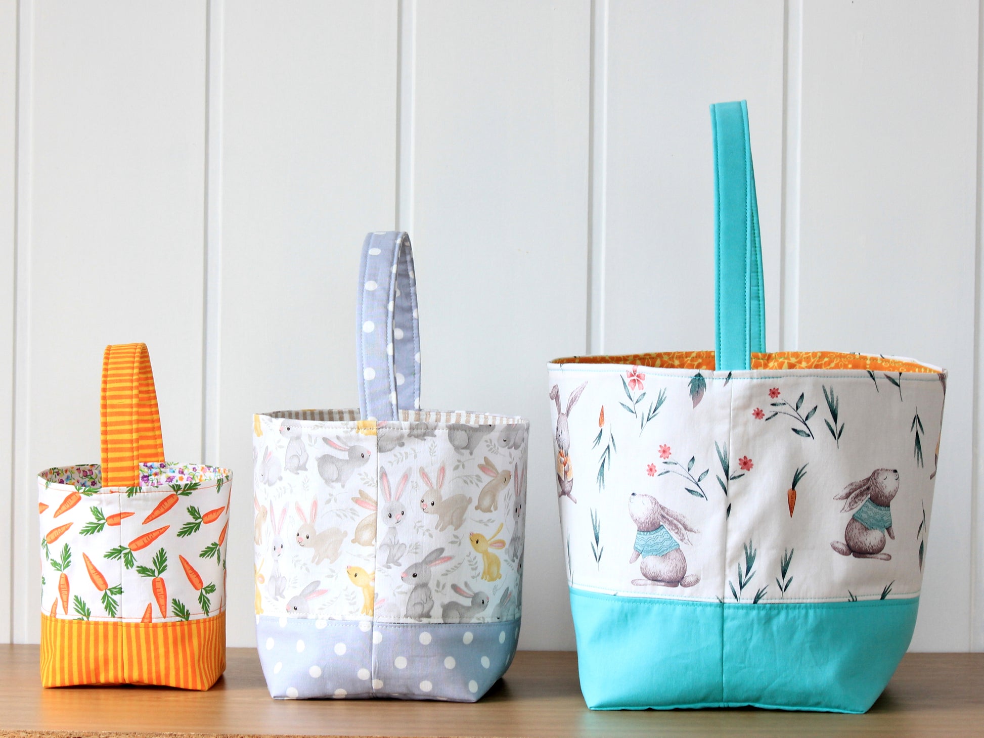 Side view of Easter basket in 3 sizes, easy sewing pattern by NatkoPatterns