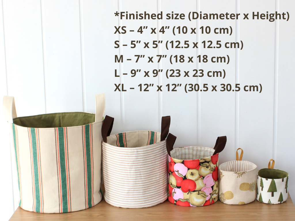 Finished basket sizes included in the NatkoPatterns Round Fabric Basket sewing pattern, from XS to XL