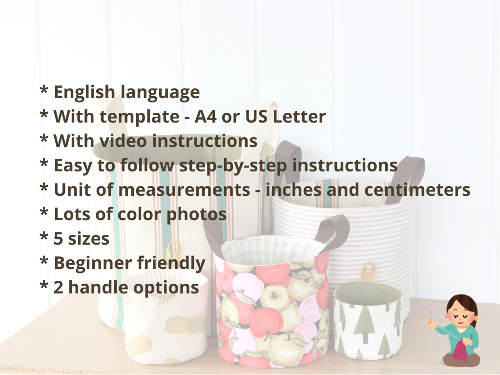 Features included with the NatkoPatterns Round Fabric Basket sewing pattern, including printable templates, video tutorial, beginner-friendly instructions, and five basket sizes