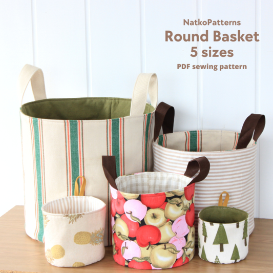 Cover image of the NatkoPatterns Round Fabric Basket sewing pattern featuring reversible fabric baskets in five finished sizes