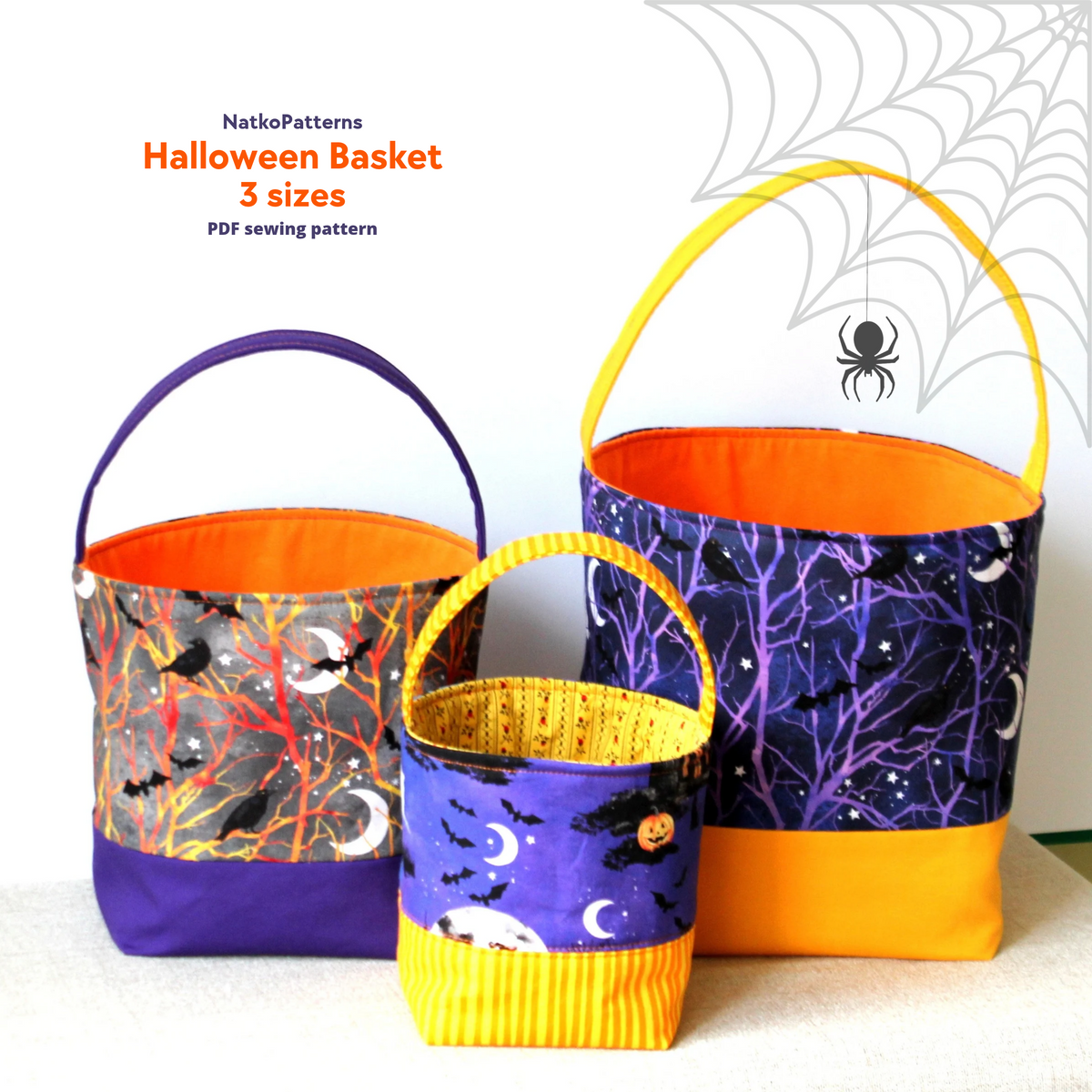 NatkoPatterns Halloween trick or treat basket sewing pattern in three sizes, featuring reversible fabric baskets with colorful Halloween prints.