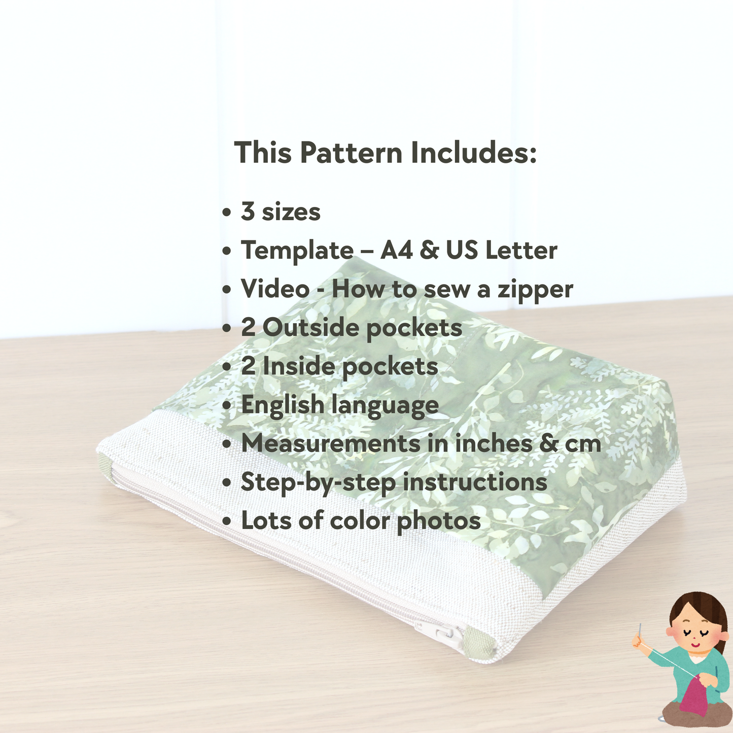Three size zipper pouch sewing pattern PDF for cosmetic and travel organizer bags